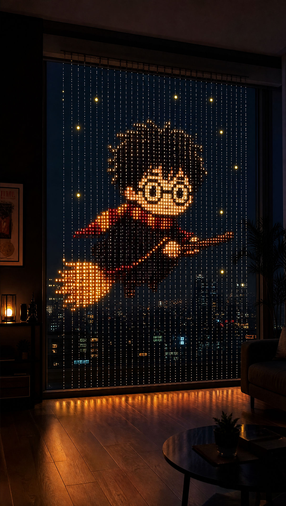 Wizard on a broomstick pixel art glowing on an LED curtain at night