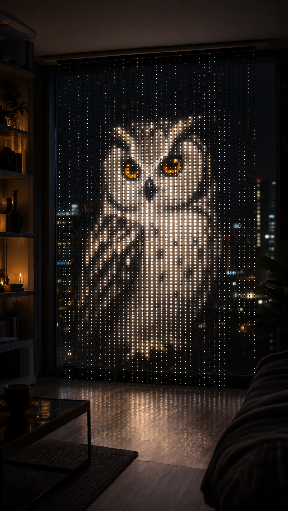 Snowy owl pixel art glowing on an LED curtain in a window at night